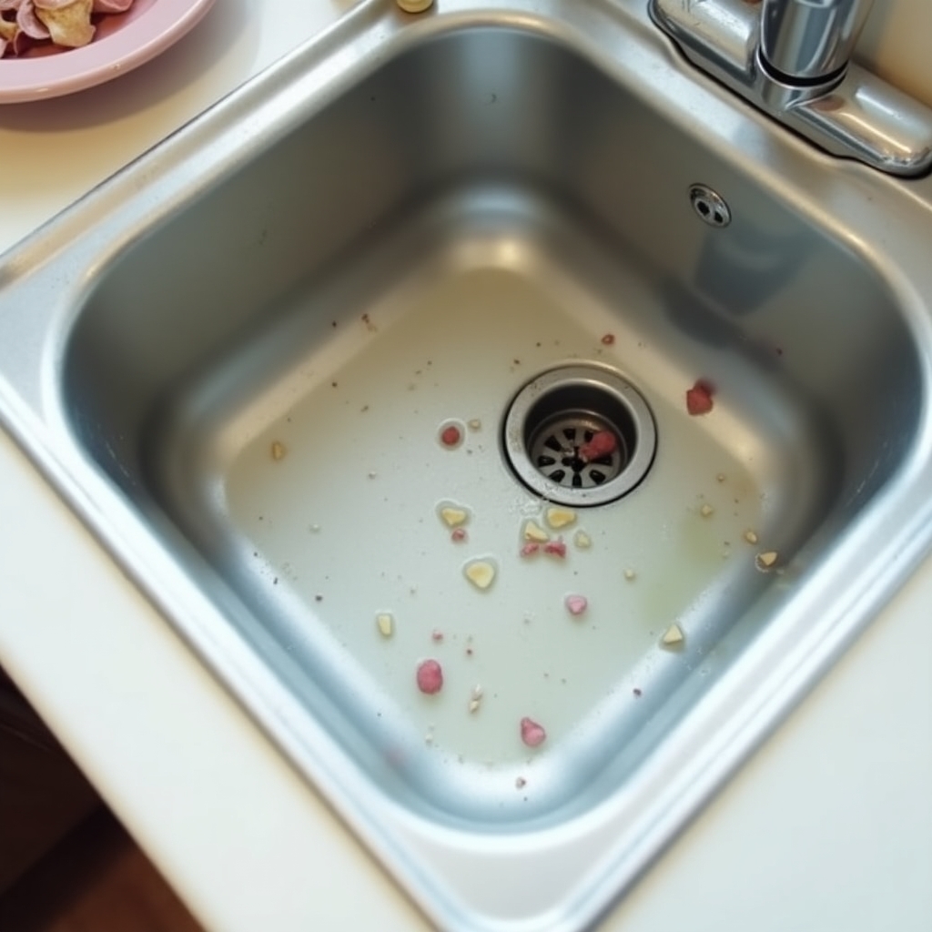 Stilstaand water in de keukenafvoer met etensresten zichtbaar