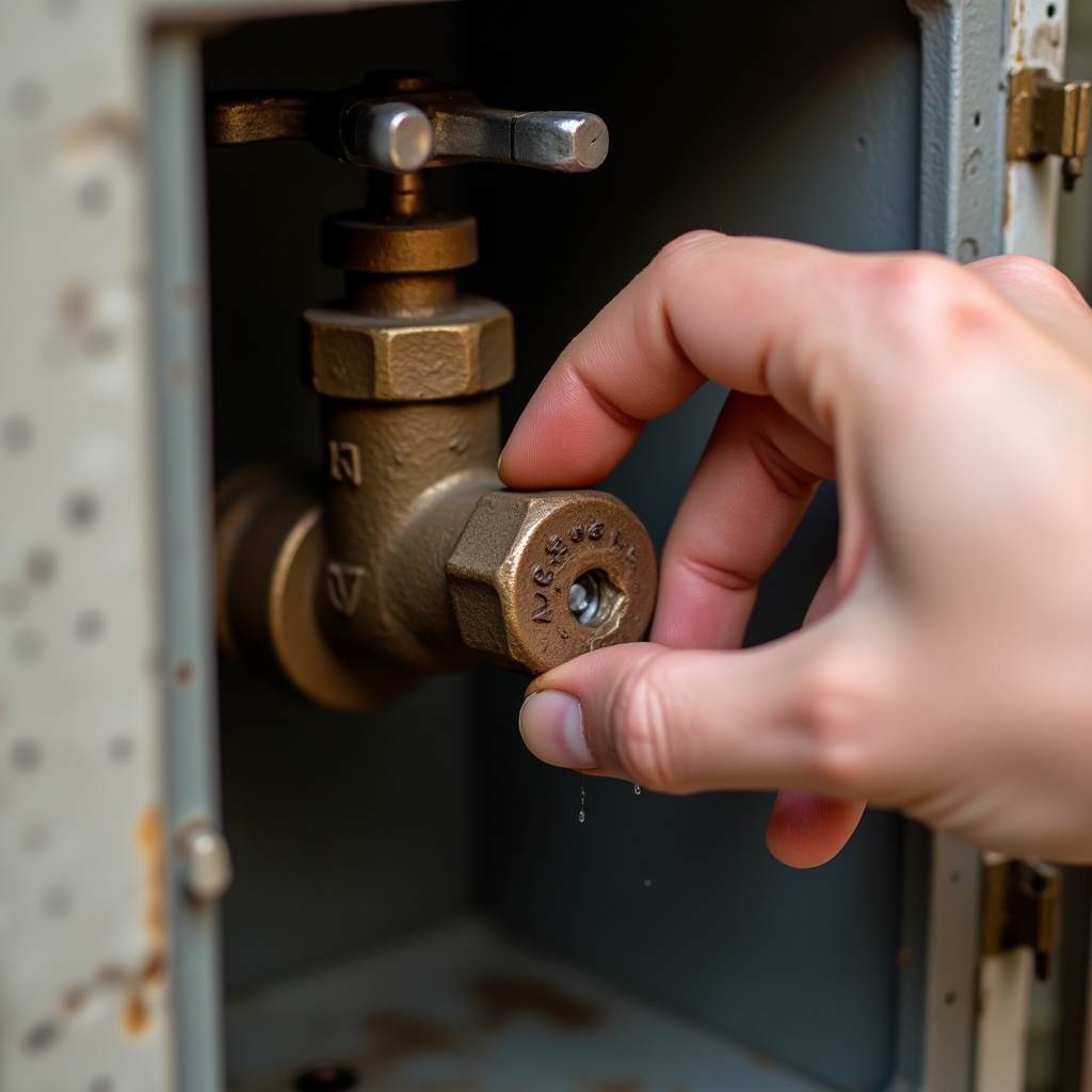 Hand draait hoofdkraan dicht in meterkast bij waterlekkage