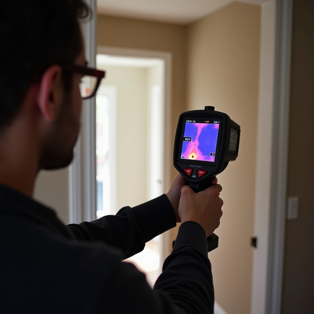 Technicus gebruikt infraroodcamera om lekkage in muur op te sporen