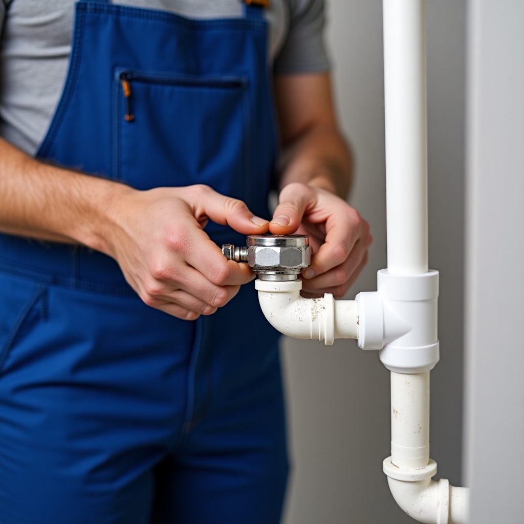 Loodgieter repareert een gesprongen leiding met knelfittingen en pijpsnijder