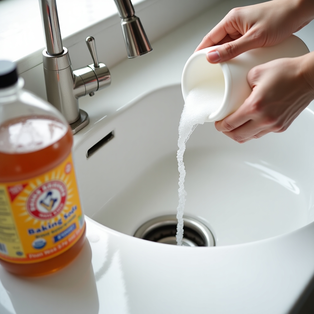 Soda en azijn worden in de afvoer gegoten bij verstopping