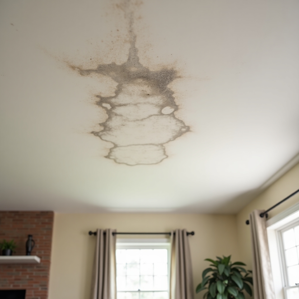Donkere vochtplek wijst op lekkage boven het plafond