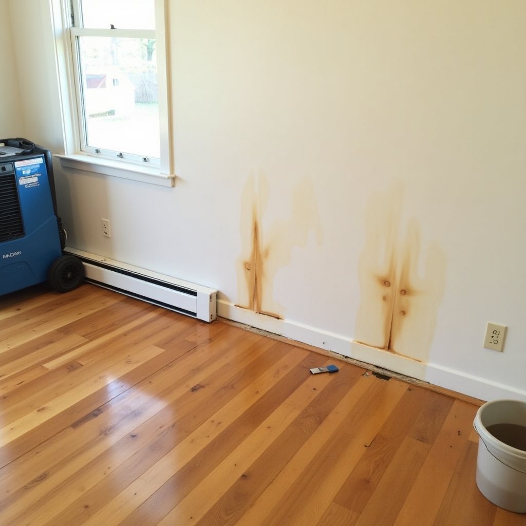 Vloer en muur met zichtbare waterschade na lekkende waterleiding